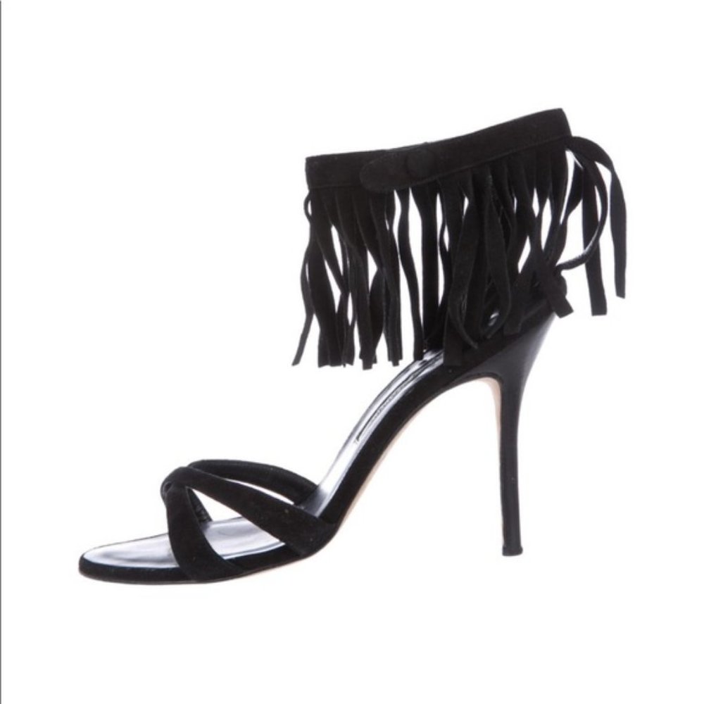 Manolo Blahnik Black Suede Fringe Heeled Sandals – Size 8